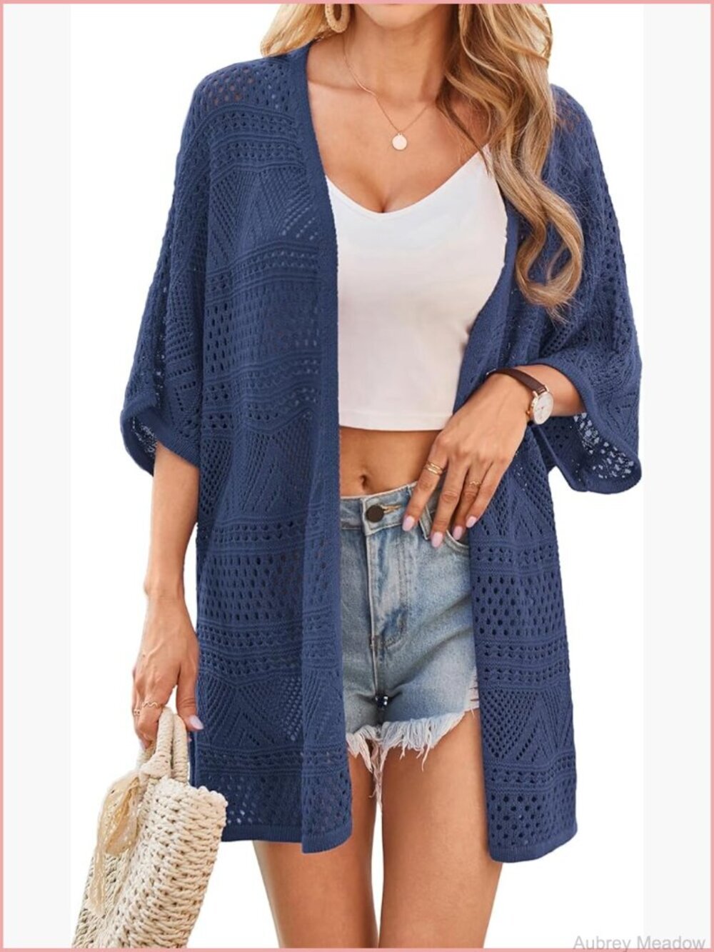 Oversized Crochet Knit Cardigan - Short Sleeve Boho Kimono Lightweight